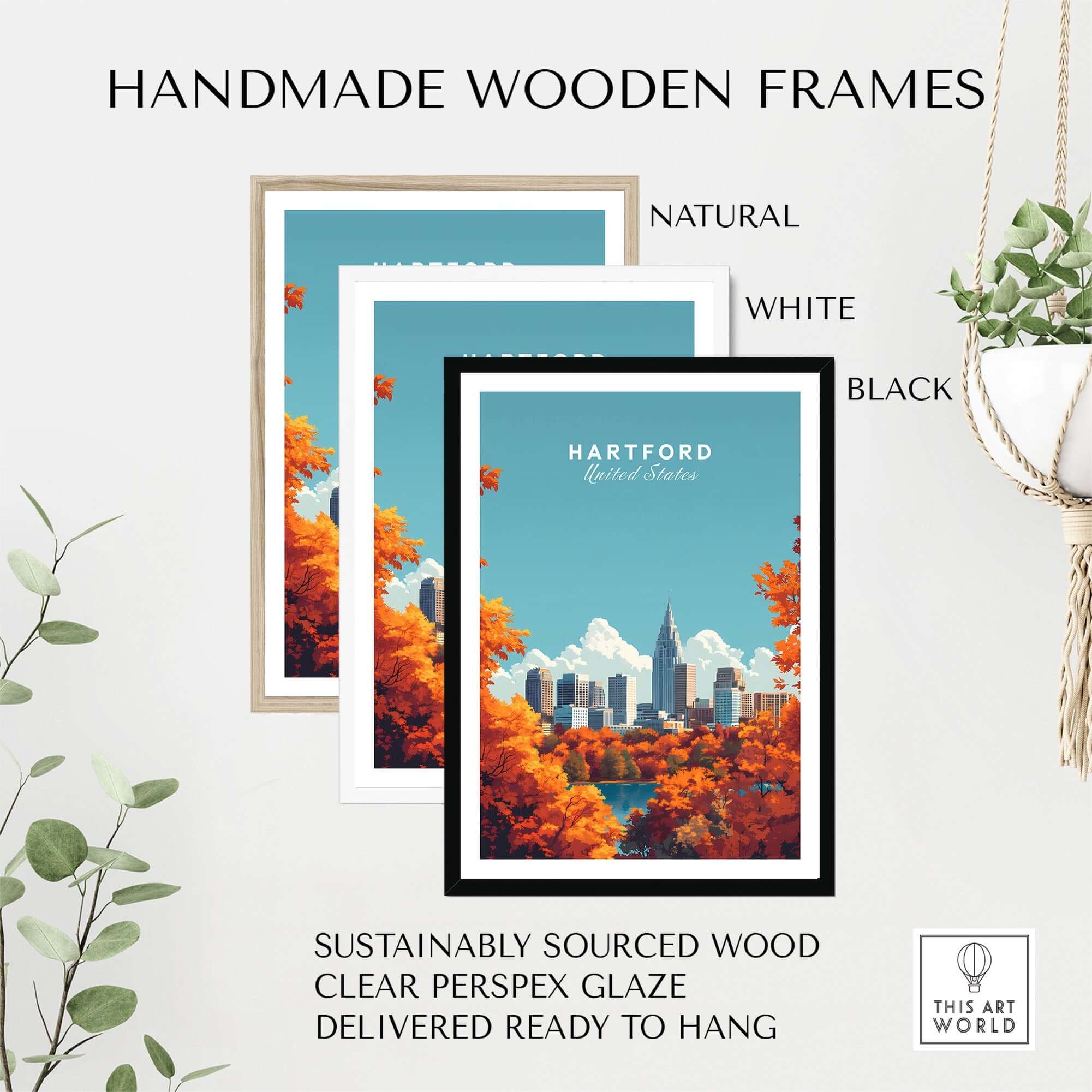 Hartford Wall Art displayed in handmade wooden frames in natural, white, and black finishes.