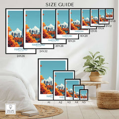 Hartford Wall Art Poster size guide showing various dimensions and vibrant artwork options for home decor.