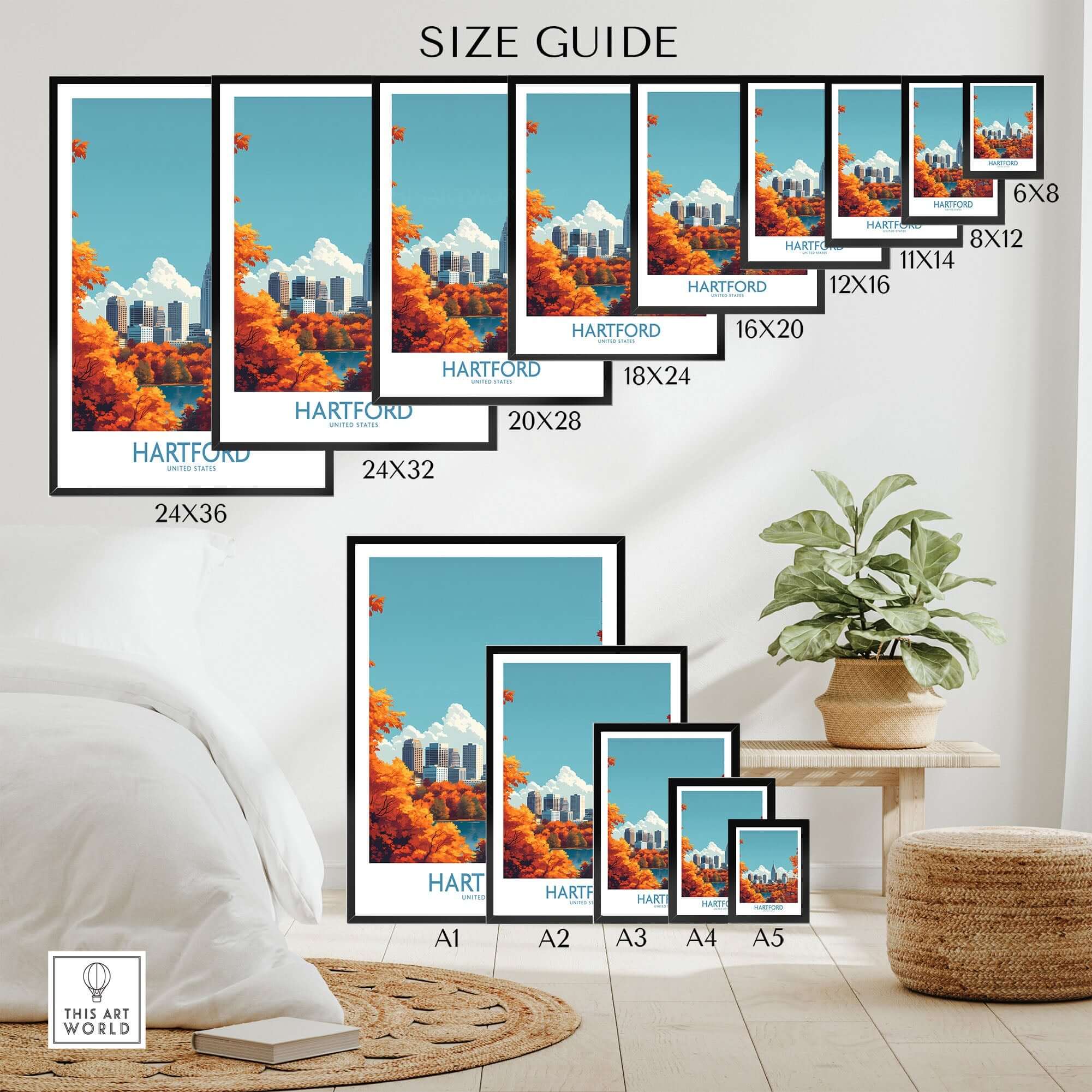 Hartford Wall Art Poster size guide showing various dimensions and vibrant artwork options for home decor.