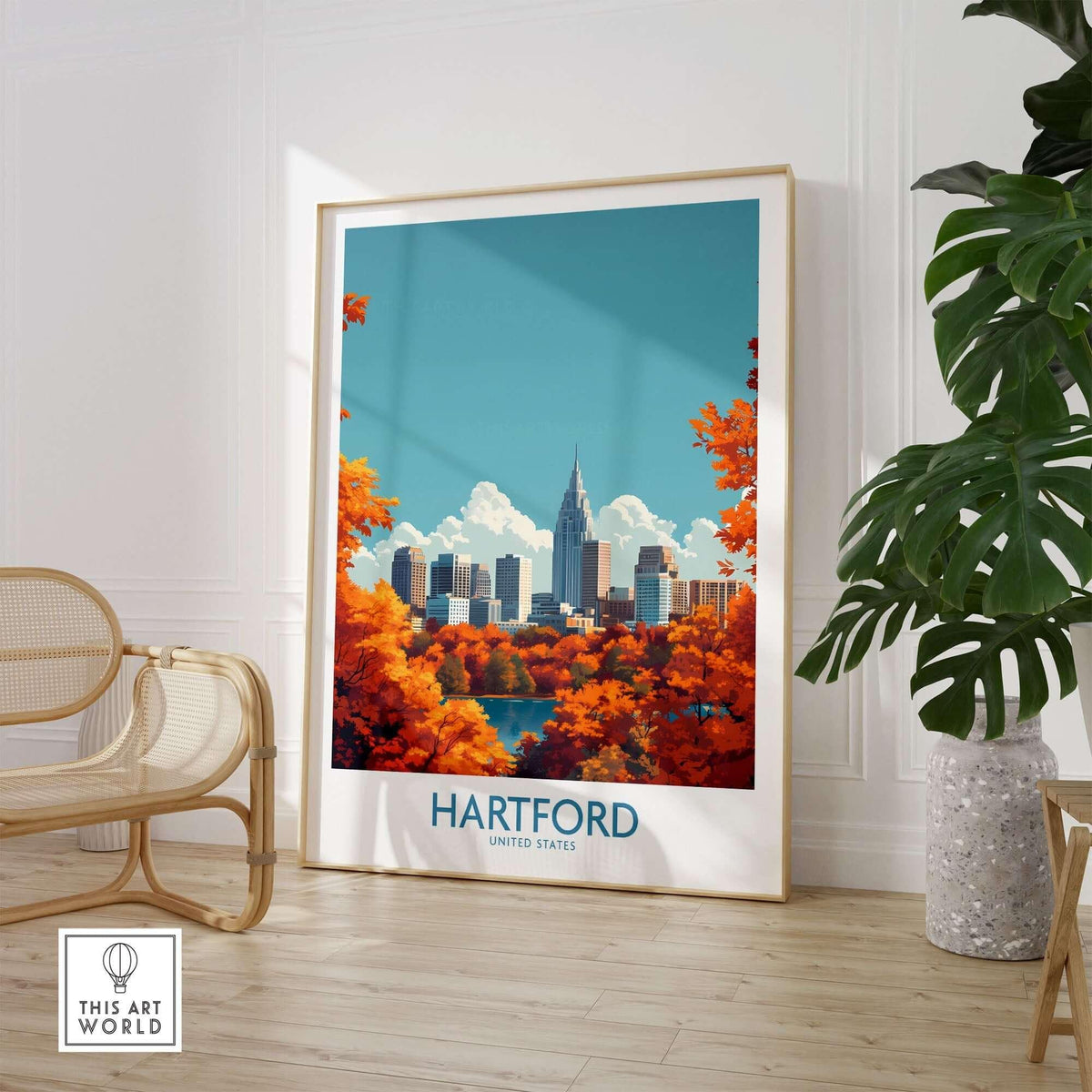 Hartford Wall Art Poster displayed in a stylish room, featuring autumn colors and city skyline.