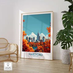 Hartford Wall Art Poster displayed in a stylish room, featuring autumn colors and city skyline.