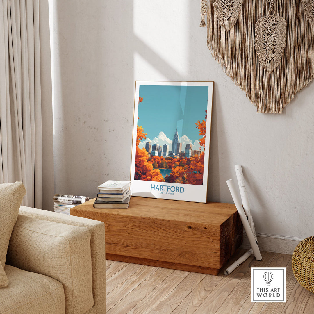 Modern Hartford wall art poster displayed in a cozy living room with a wooden bench and woven decor.