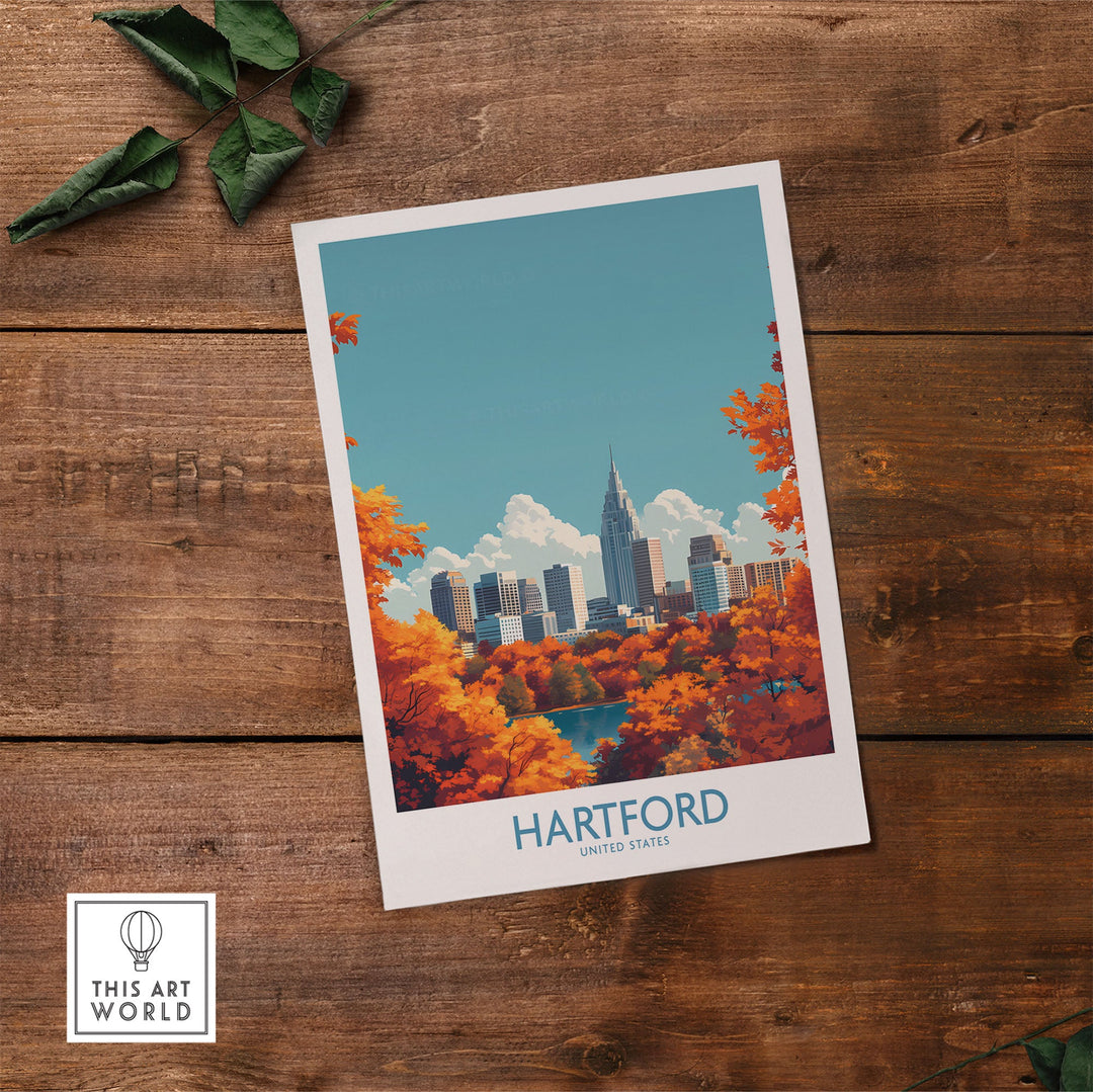 Hartford wall art poster showcasing vibrant autumn cityscape with skyline, enhancing home decor with sophistication and charm.