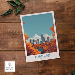 Hartford Wall Art Poster featuring vibrant colors and city skyline, perfect for home decor and showcasing Hartford's charm.