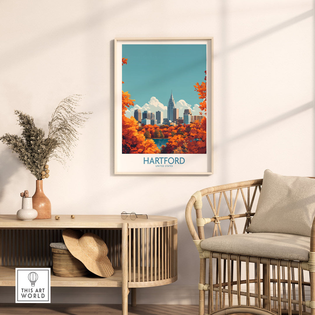 Hartford wall art poster in stylish room setting with vibrant colors, showcasing cityscape, perfect for home decor and art lovers.