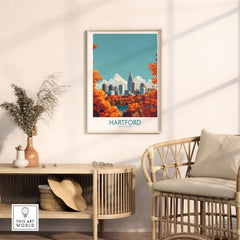 Hartford Wall Art Poster displayed in a stylish room showcasing vibrant colors and city skyline details.
