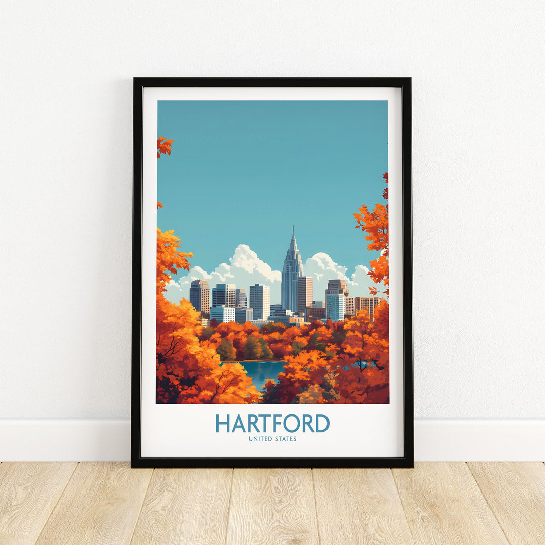 Hartford cityscape wall art poster with vibrant autumn colors, framed and placed against a white wall.