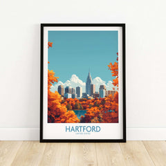 Hartford Wall Art Poster showcasing vibrant fall foliage and skyline of Hartford, United States.