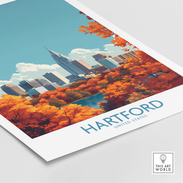 Hartford city skyline wall art poster with vibrant autumn colors and detailed illustration, perfect for home decor.