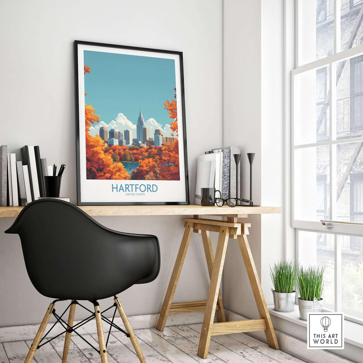 Hartford Wall Art Poster displayed in a stylish home office with a modern chair and vibrant autumn scenery.