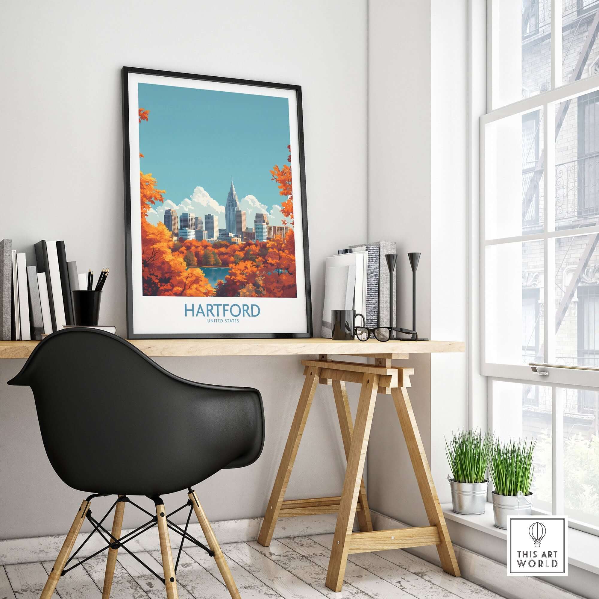 Hartford Wall Art Poster displayed in a stylish home office with a modern chair and vibrant autumn scenery.