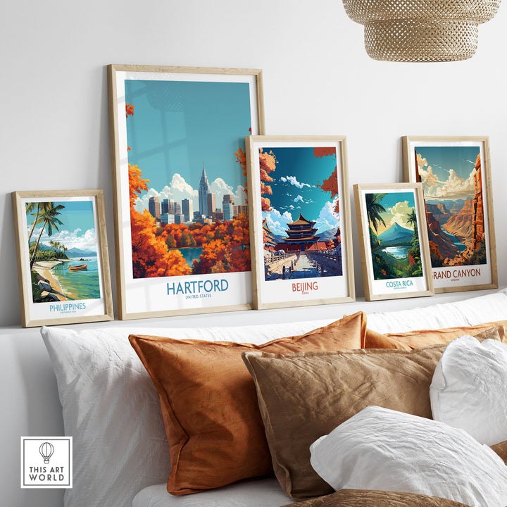 Hartford wall art poster displayed with other travel-themed posters in a stylish living room setting.