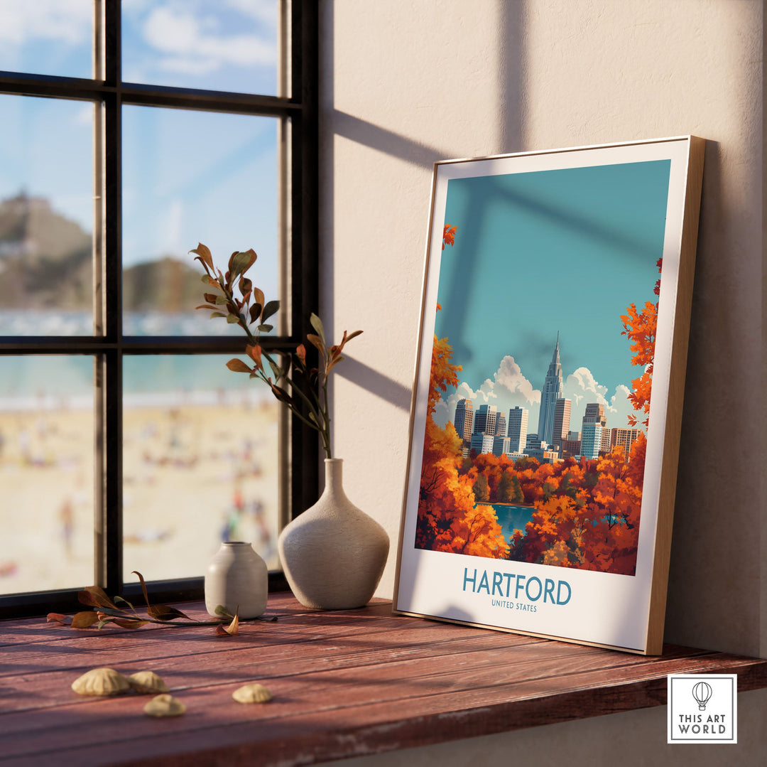 Hartford Wall Art Poster on rustic windowsill with city skyline and autumn trees, enhancing home decor with vibrant colors.