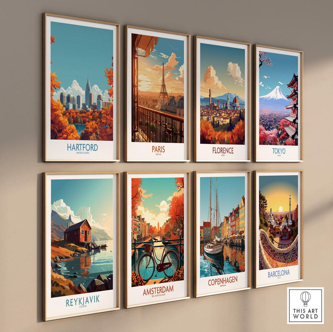 wall art posters featuring cityscapes of Hartford, Paris, Florence, Tokyo, Reykjavik, Amsterdam, Copenhagen, and Barcelona