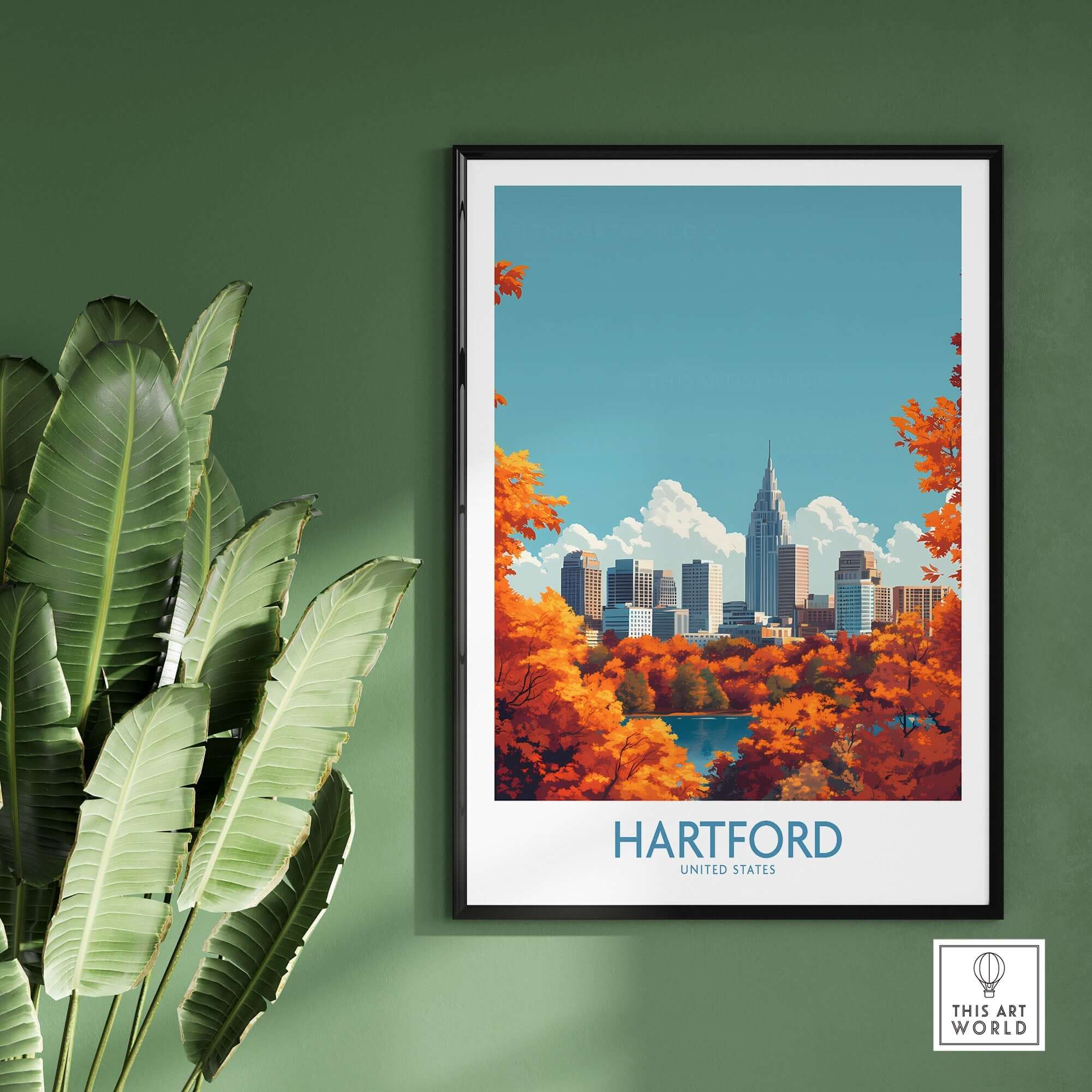 Hartford Wall Art Poster featuring a vibrant cityscape framed on a green wall, showcasing Hartford's skyline.
