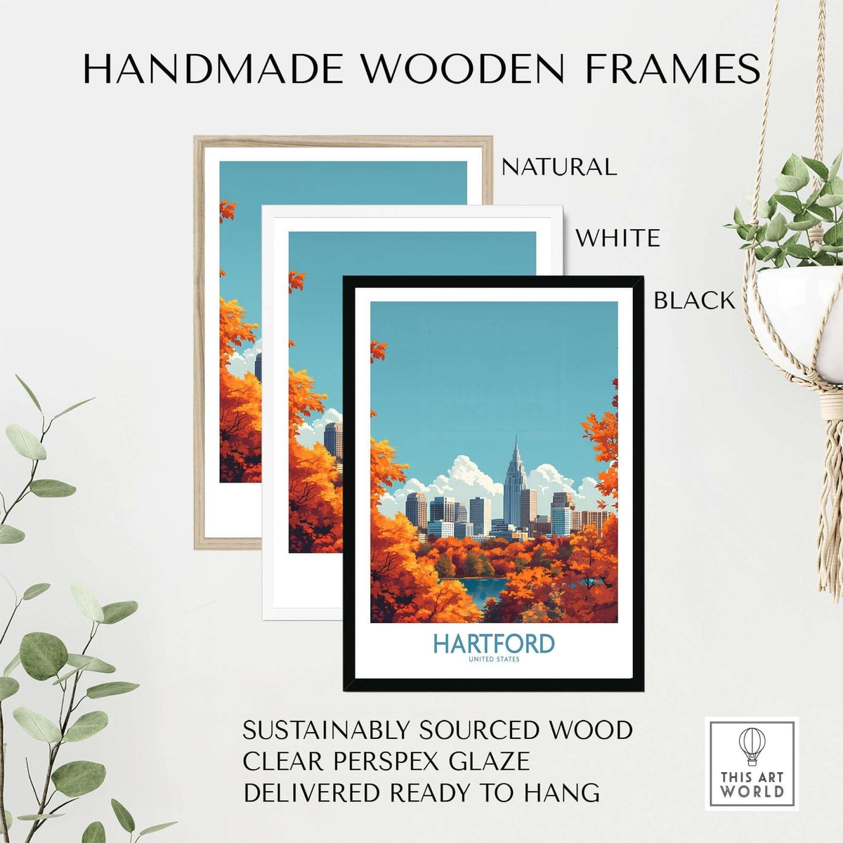 Handmade wooden frames in natural, white, and black for Hartford Wall Art Poster, featuring sustainable materials.