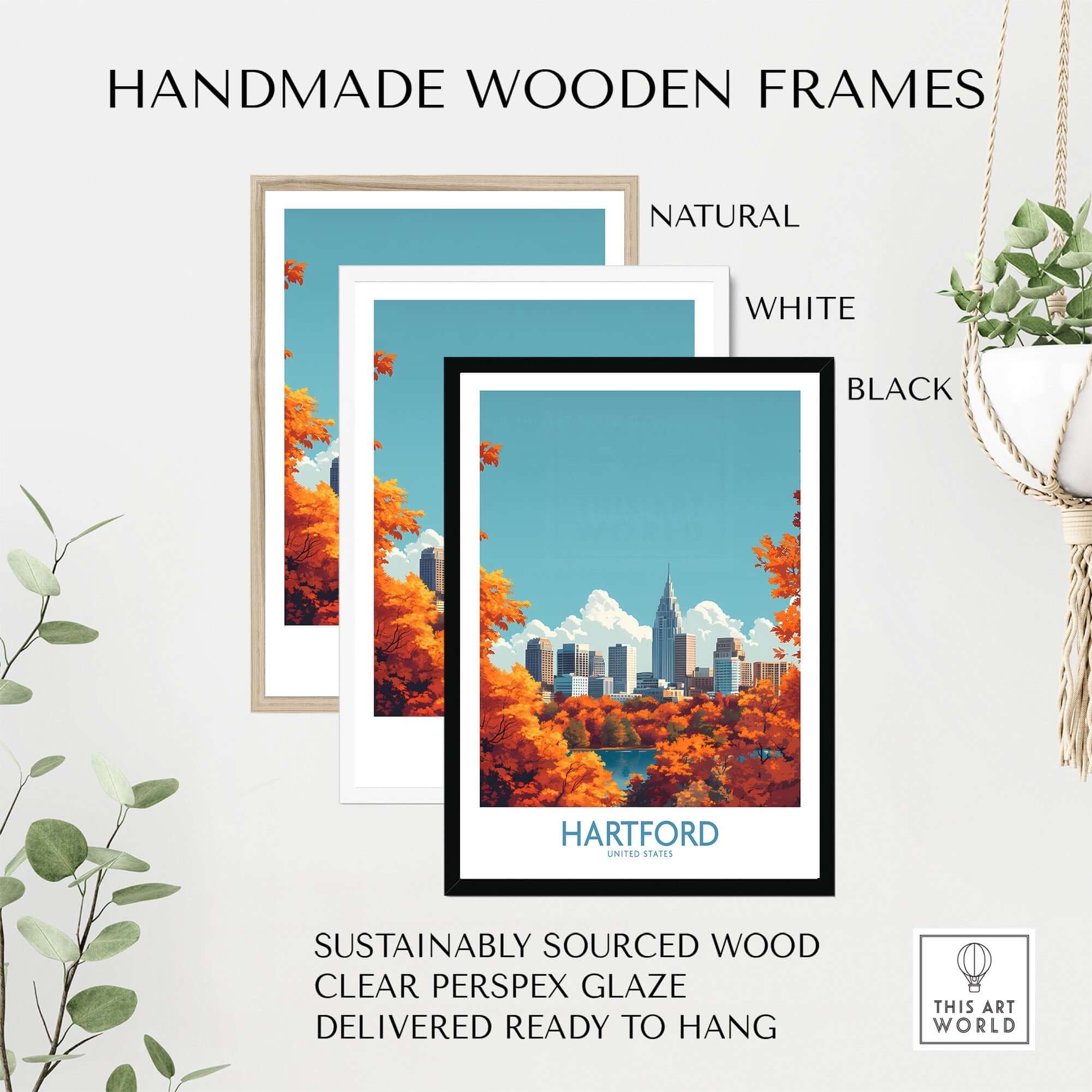 Handmade wooden frames in natural, white, and black for Hartford Wall Art Poster, featuring sustainable materials.