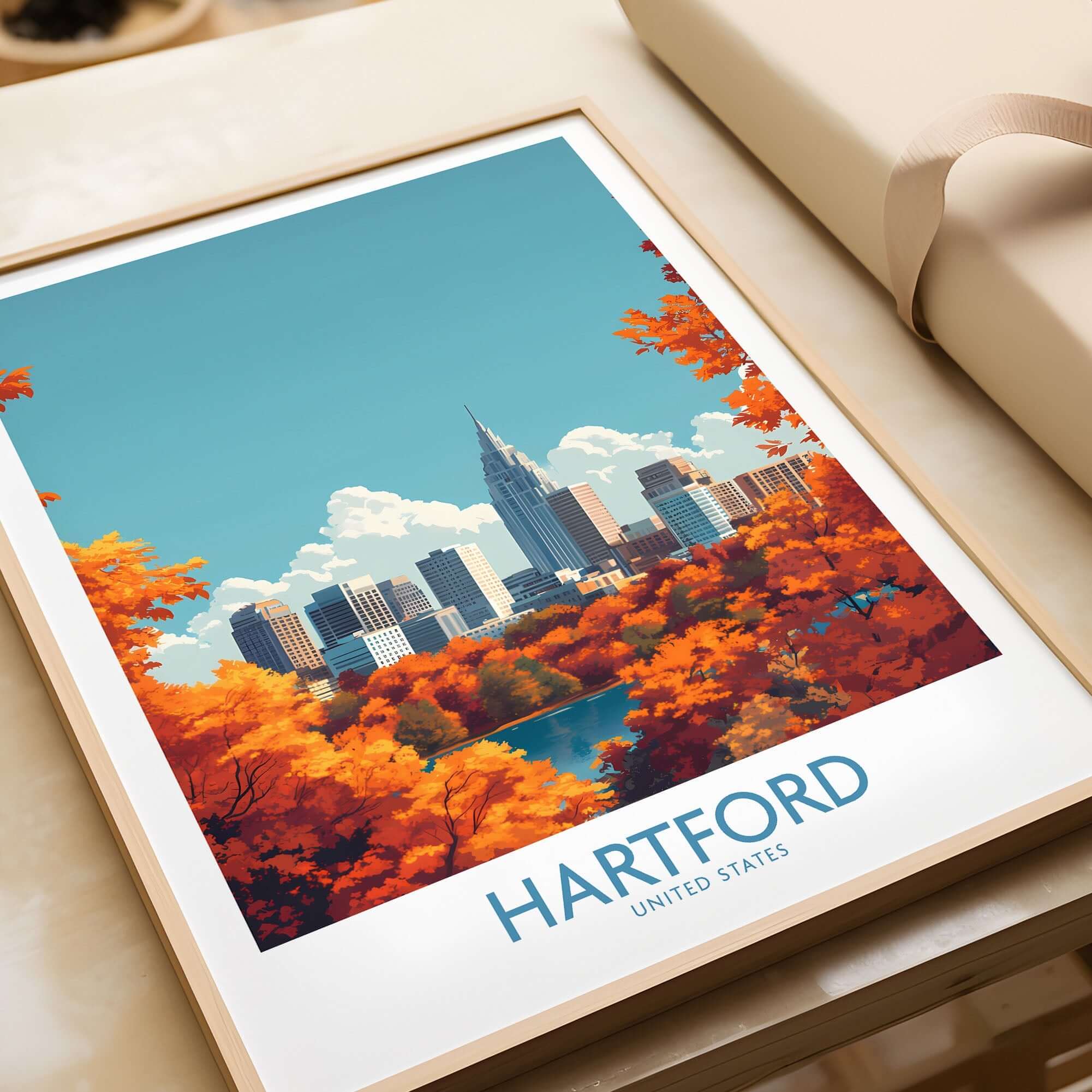 Hartford Wall Art Poster featuring vibrant autumn leaves and the skyline of Hartford, United States.