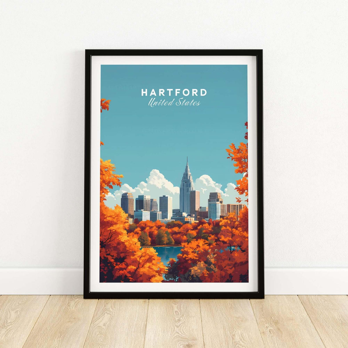 Hartford Wall Art showcasing the Hartford skyline with vibrant fall colors and a clear blue sky.