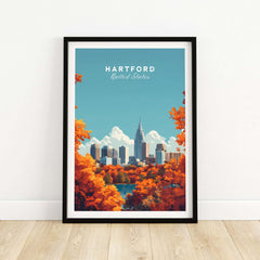 Hartford Wall Art showcasing the Hartford skyline with vibrant fall colors and a clear blue sky.
