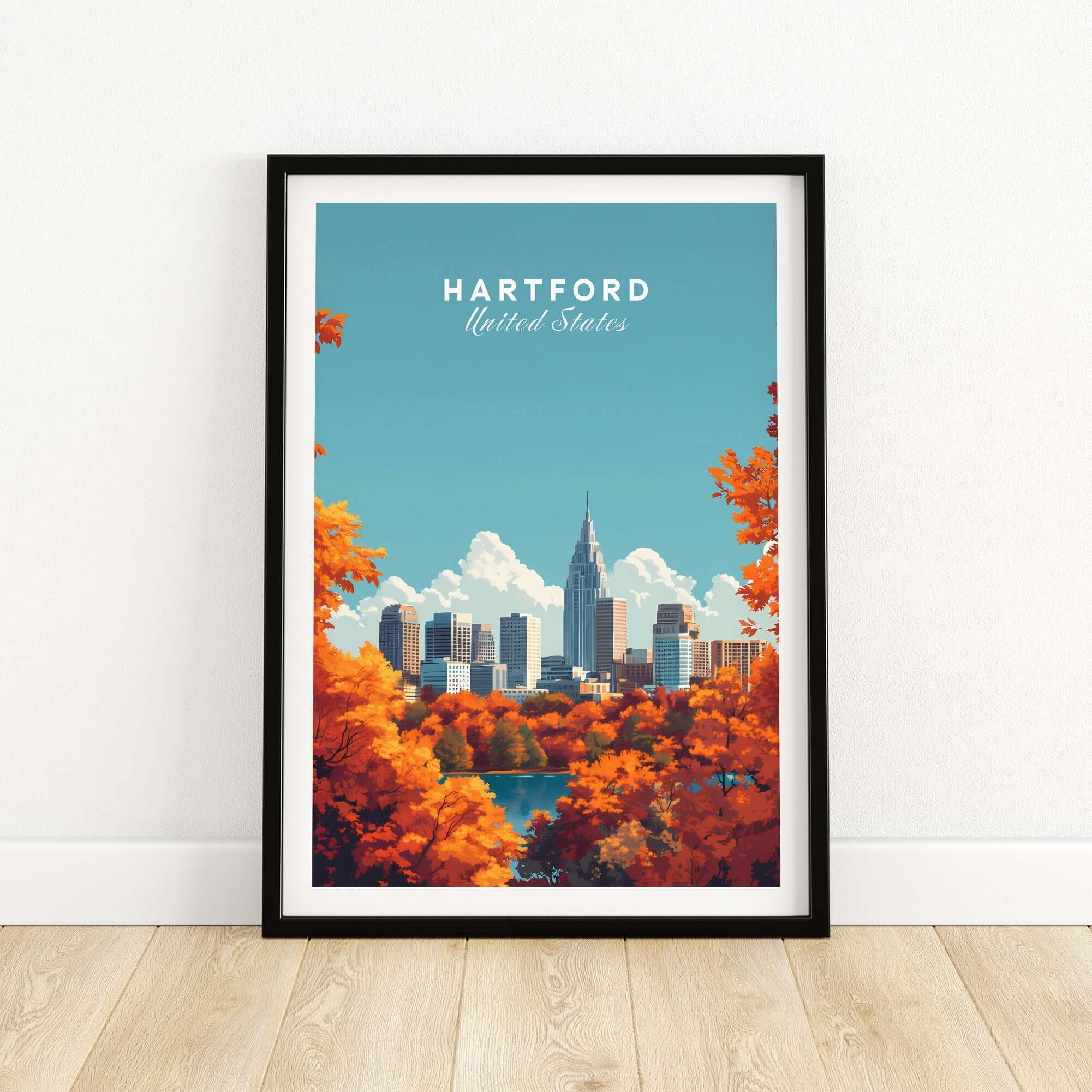 Hartford Wall Art showcasing the Hartford skyline with vibrant fall colors and a clear blue sky.