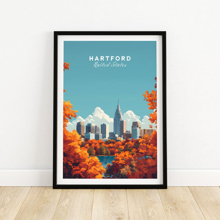 Framed Hartford skyline wall art with autumn trees, capturing the city's essence in a stylish travel poster.