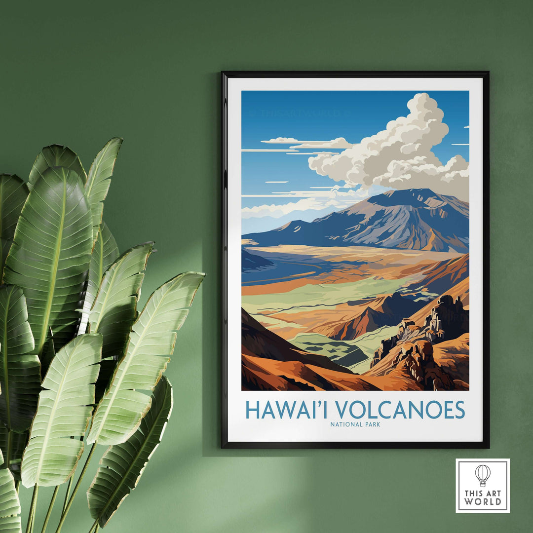 Hawaiʻi Volcanoes National Park print featuring volcanic mountains and landscape decor in vibrant colors.