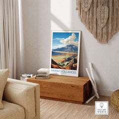 Hawaiʻi Volcanoes National Park Print, Hawaiian Landscape Poster, Mountain Wall Decor in a cozy living room setup.