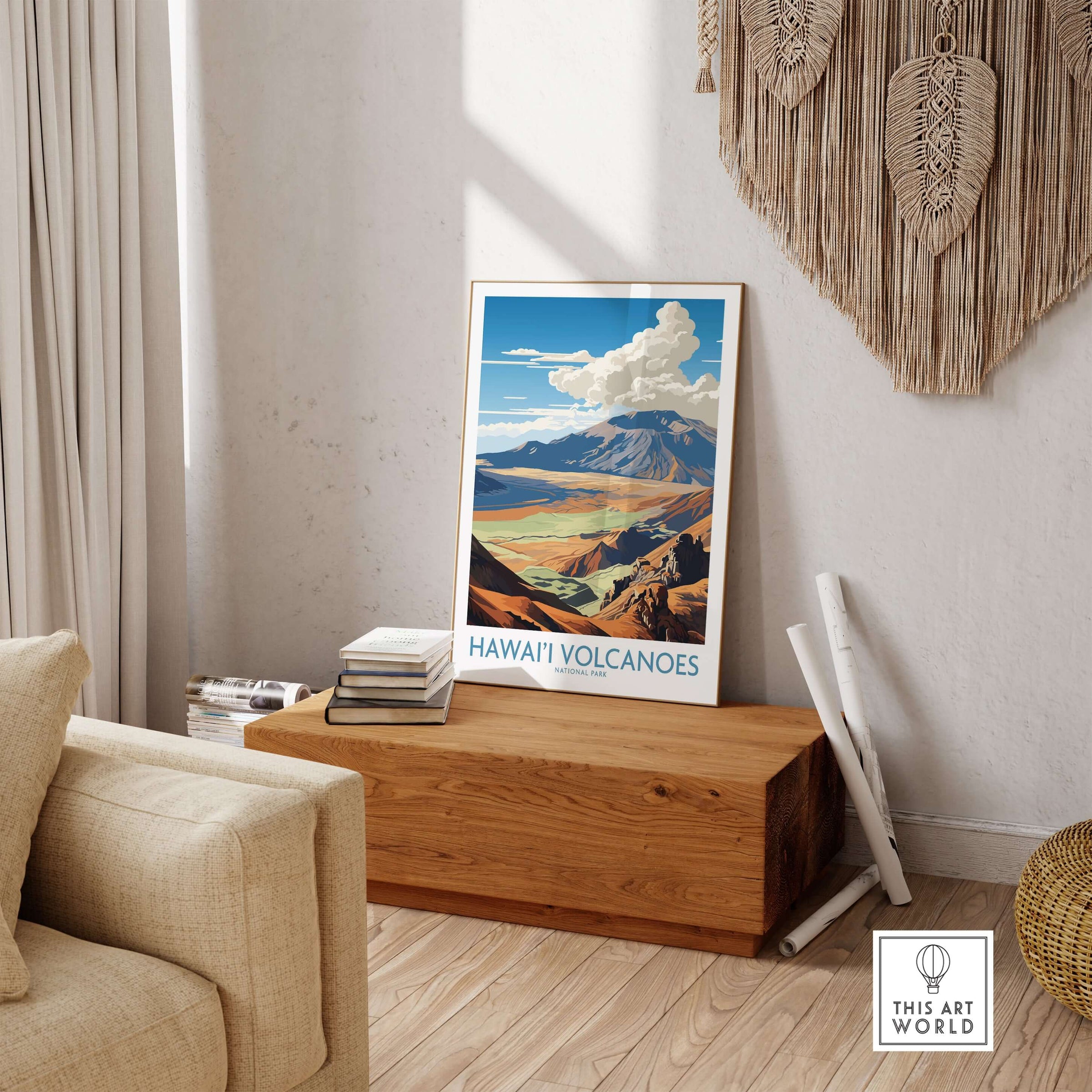 Hawaiʻi Volcanoes National Park Print, Hawaiian Landscape Poster, Mountain Wall Decor in a cozy living room setup.