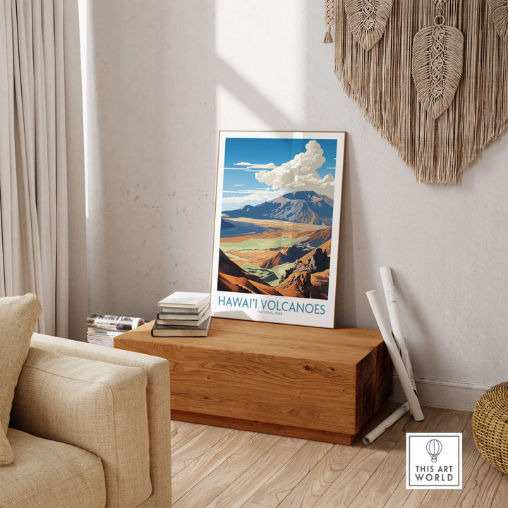 Hawaiʻi Volcanoes National Park print displayed on a wooden table in a cozy living room setting.