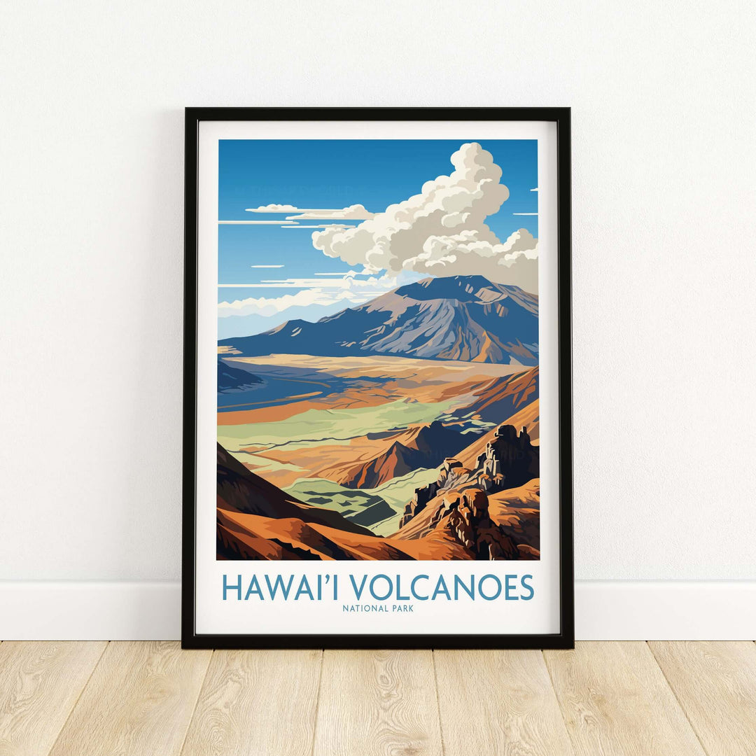 Hawaiʻi Volcanoes National Park print featuring volcanic mountains and lush landscapes in vibrant colors.