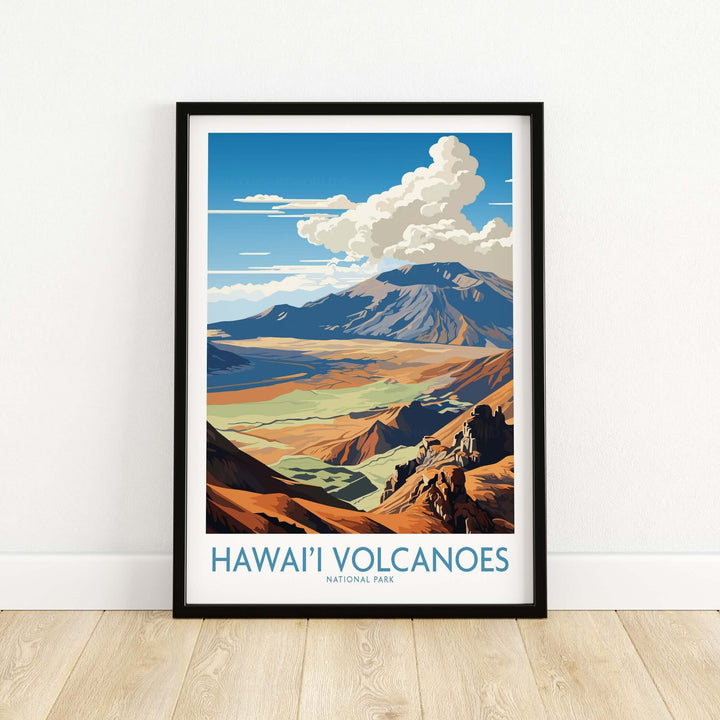 Hawaiʻi Volcanoes National Park print featuring volcanic mountains and lush landscapes in vibrant colors.