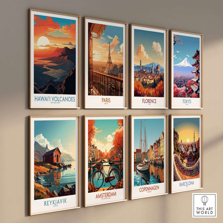 Collection of travel posters featuring Hawaiʻi Volcanoes, Paris, Florence, Tokyo, Reykjavik, Amsterdam, Copenhagen, and Barcelona.