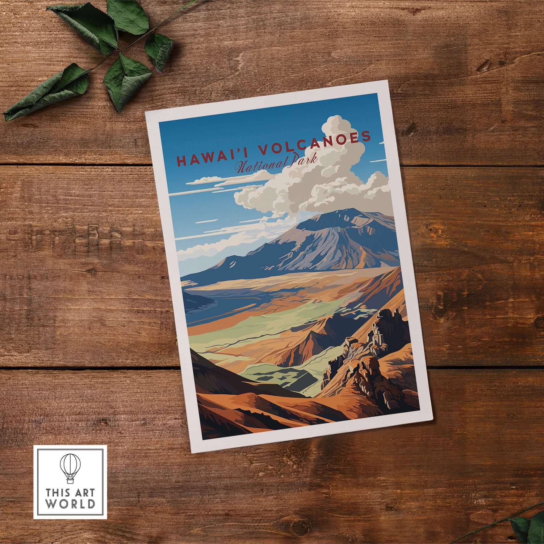 Hawaiʻi Volcanoes Poster, Big Island Hawaii Travel Print, National Park Wall Art on a wooden background.