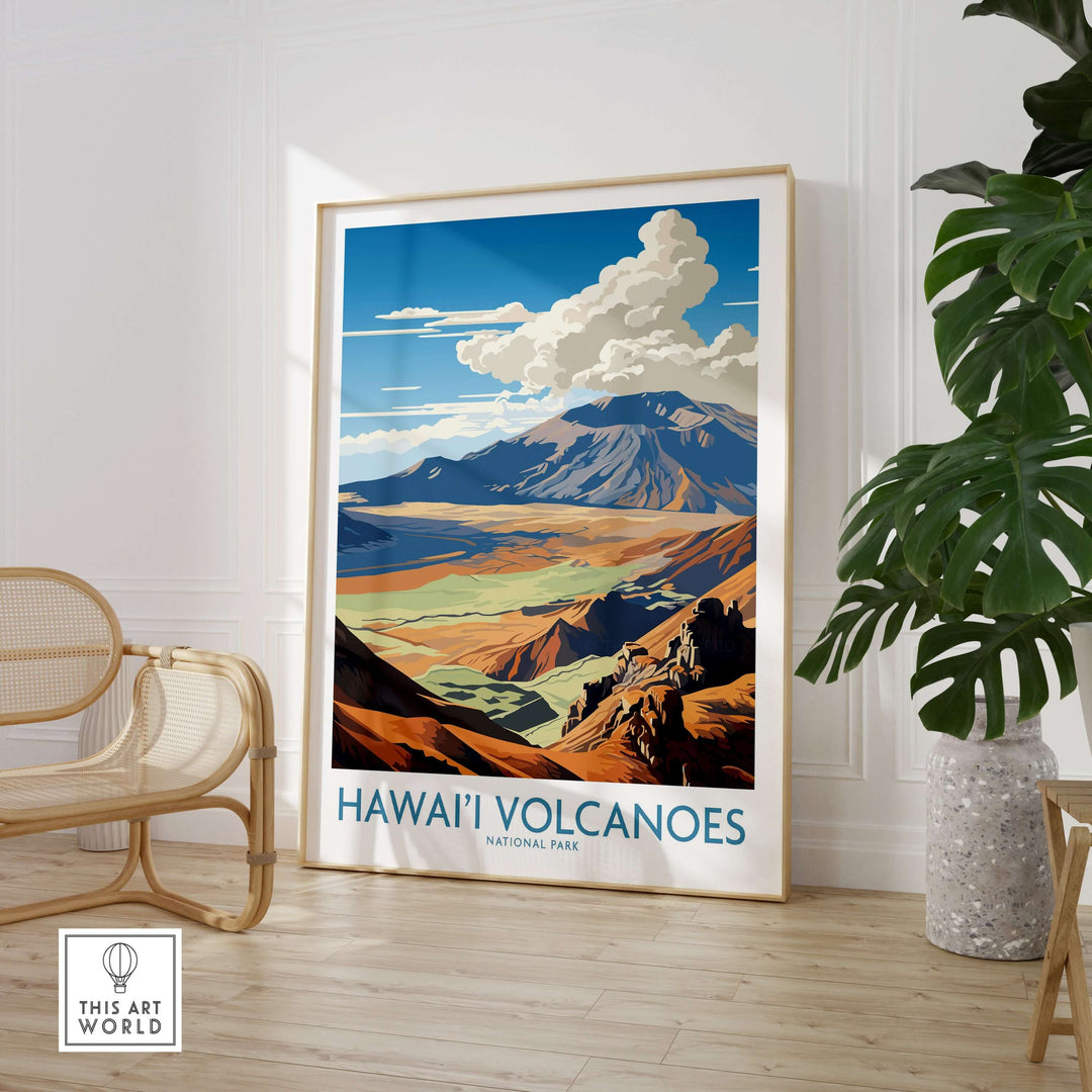 Hawai'i Volcanoes National Park art print showcasing vibrant mountains and lush landscape in stylish home decor.