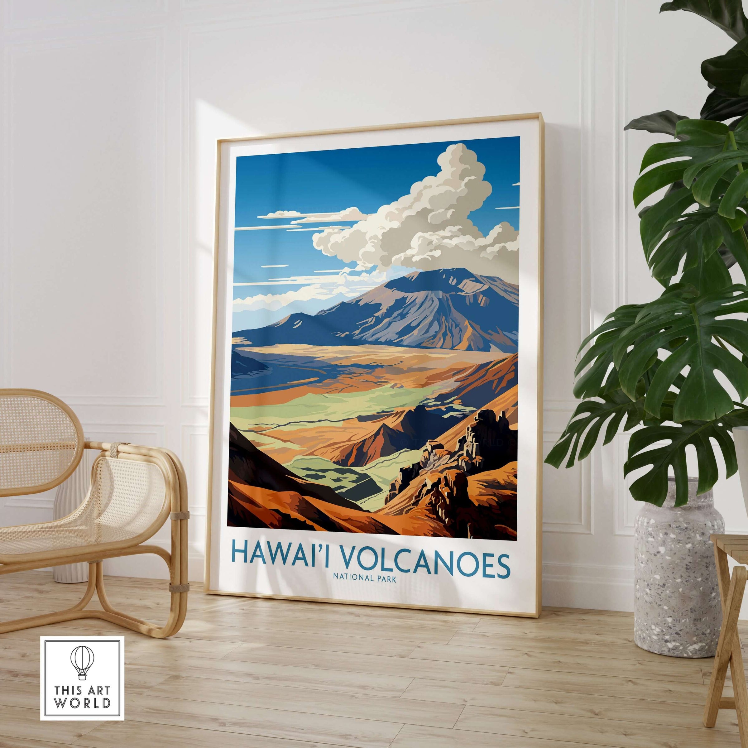 Hawaiʻi Volcanoes National Park Print, Hawaiian Landscape Poster, Mountain Wall Decor displayed in a modern interior.