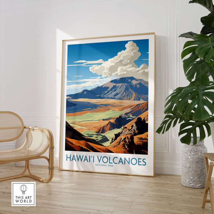Hawai'i Volcanoes National Park art print showcasing vibrant mountains and lush landscape in stylish home decor.