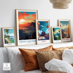 Hawaiʻi Volcanoes Poster, National Park Print, Mountain Wall Decor displayed among other travel posters.