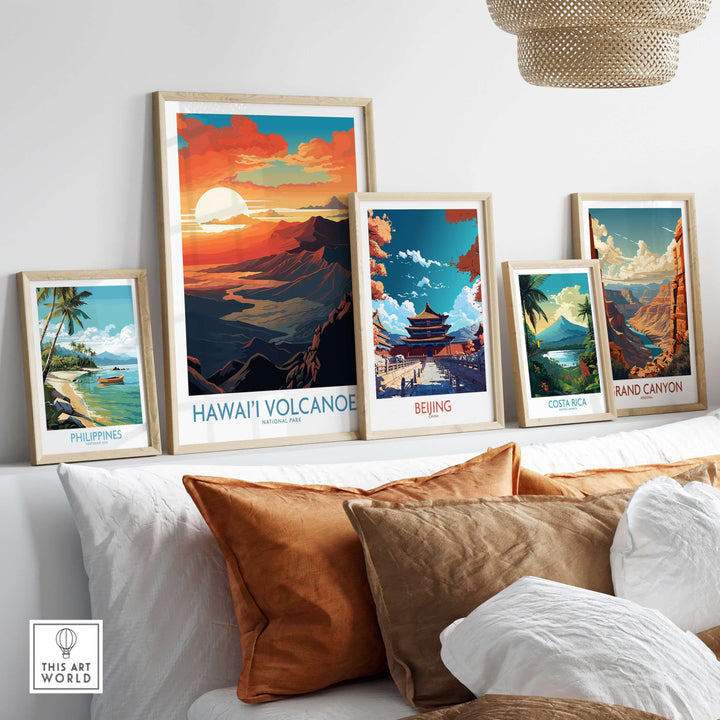 Gallery of framed travel posters including Hawaiʻi Volcanoes, showcasing stunning landscapes and vibrant colors.