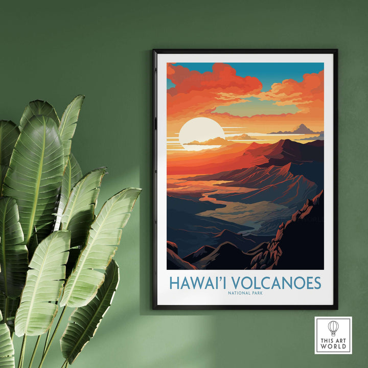 Hawaiʻi Volcanoes poster framed on a green wall, showcasing sunset over volcanic landscape for wall decor.
