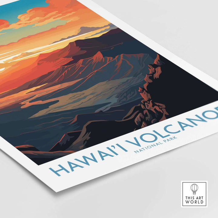 Hawaiʻi Volcanoes National Park poster showcasing vibrant volcanic peaks and stunning sunset colors, ideal wall decor.