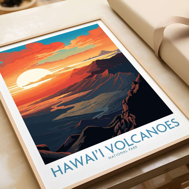 Hawaiʻi Volcanoes National Park poster featuring vivid sunset over volcanic peaks, ideal mountain wall decor.
