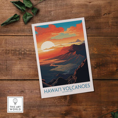 Hawaiʻi Volcanoes Poster, National Park Print, Mountain Wall Decor showcasing a vibrant sunset over volcanic landscape.