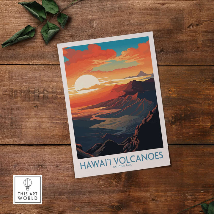 Hawaiʻi Volcanoes poster featuring a vibrant sunset over volcanic mountains, perfect for wall decor in nature-themed spaces.