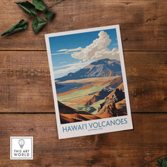 Hawaiʻi Volcanoes National Park Print, Hawaiian Landscape Poster, Mountain Wall Decor showcasing stunning volcanic scenery.