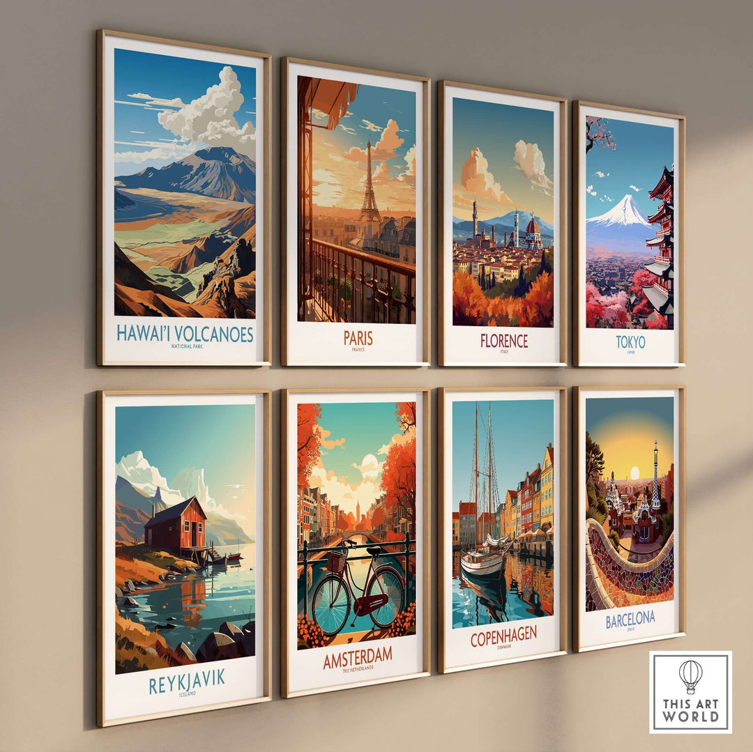 Collection of vibrant travel posters including Hawaiʻi Volcanoes, Paris, Florence, Tokyo, and more, displayed on a wall.