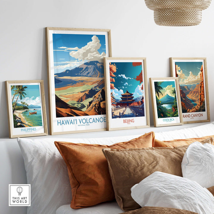 Various framed travel posters including Hawaiʻi Volcanoes, showcasing vibrant landscapes and cultural icons.
