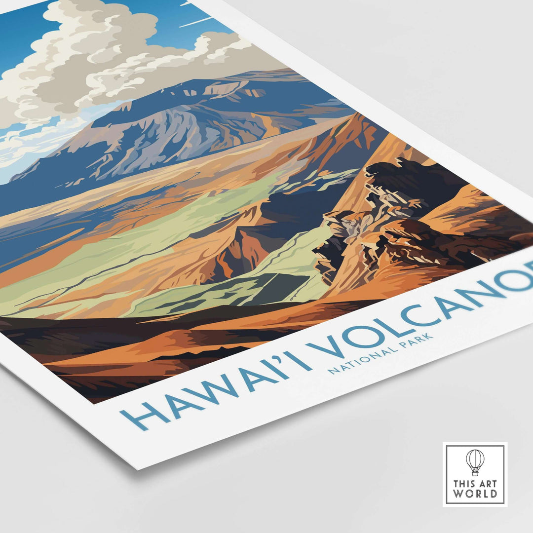Hawaiʻi Volcanoes National Park print featuring vibrant volcanic mountains and landscape views, ideal for wall decor.