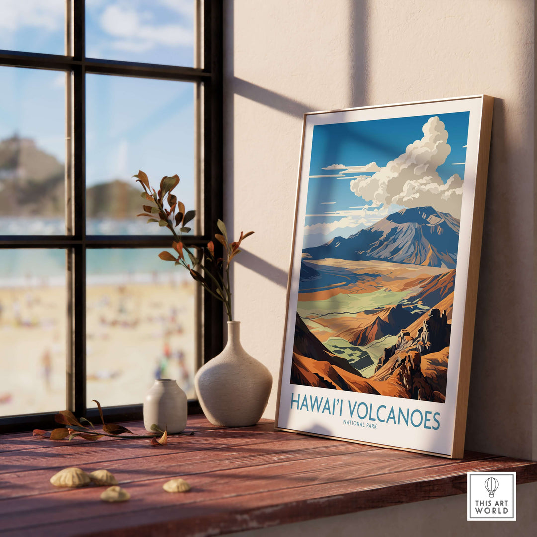 Hawaiʻi Volcanoes National Park print decor featuring lush landscapes and volcanic mountains in a bright interior setting.