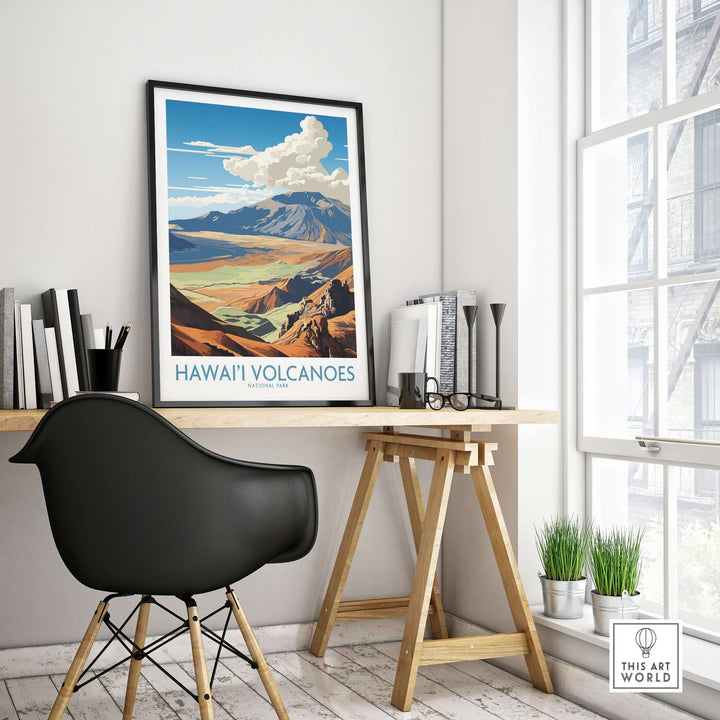 Hawaiʻi Volcanoes National Park print hanging on a wall above a modern desk, showcasing vibrant Hawaiian landscape and decor.